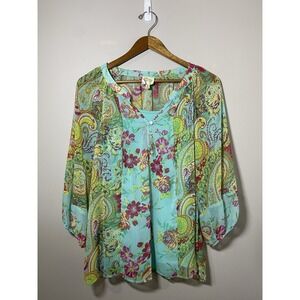 Fig and Flower Peasant Top With Cami Womens LARGE Teal Paisley Floral Boho Sheer